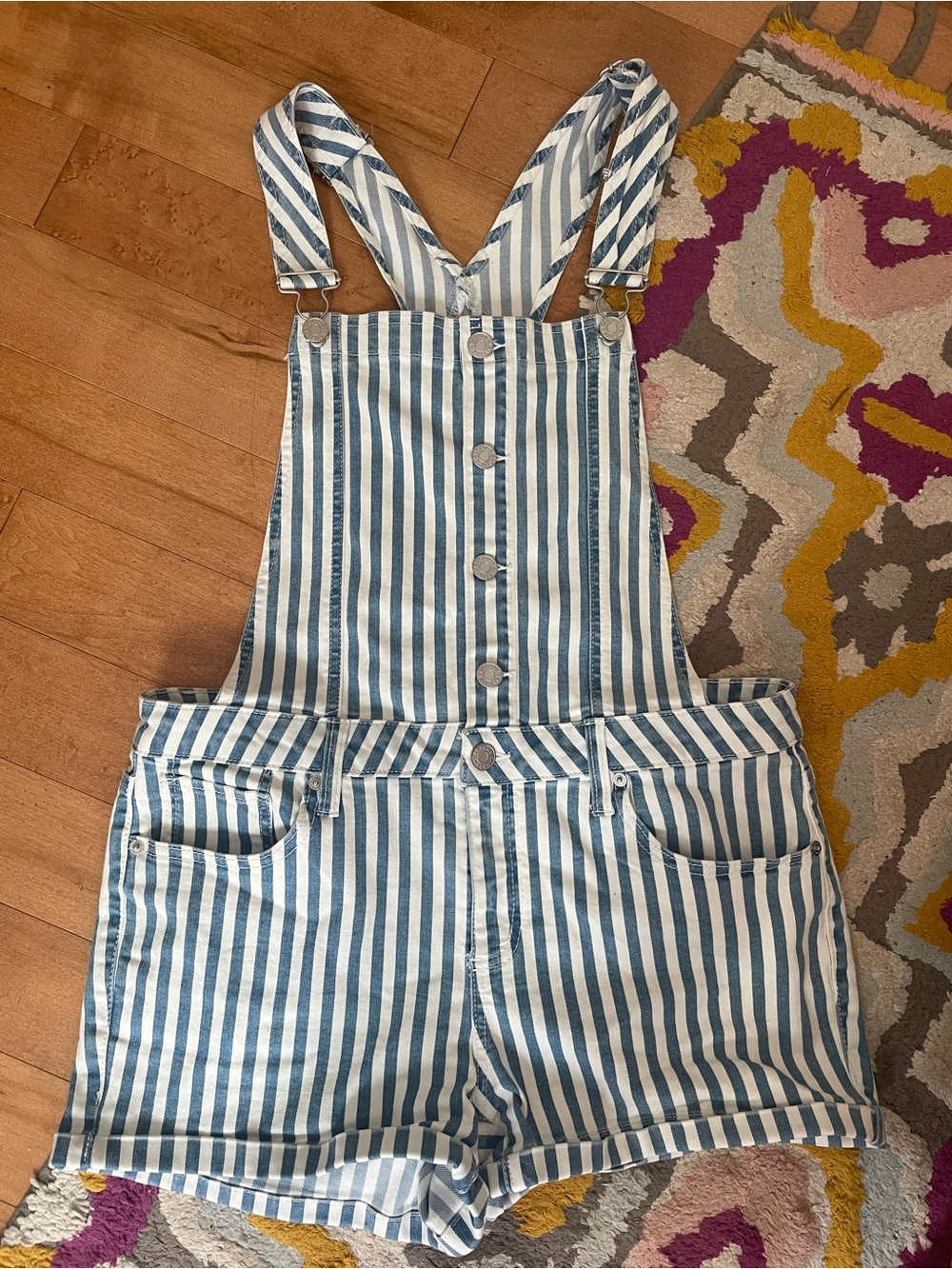 Garage Blue and White Striped Denim Short Overalls - Women